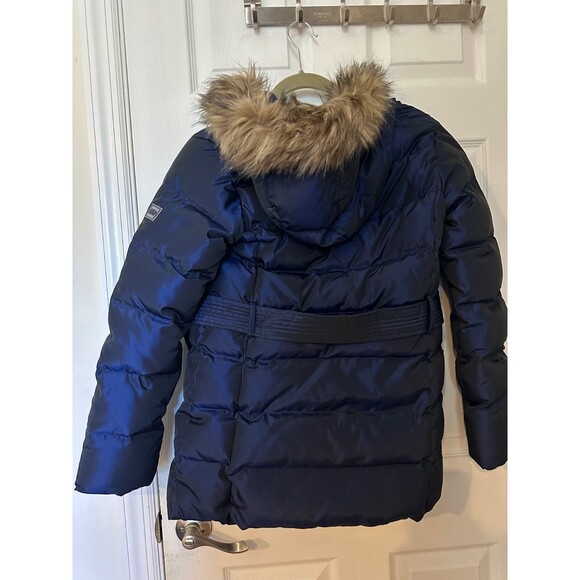Youth Gap Long Puffer Jacket XXL Full Zip Button Snap Hood Blue Metallic w belt - Picture 2 of 6